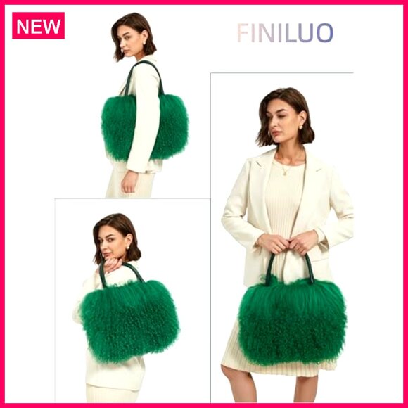 Real Lamb Fur Tote Bag with Leather Handles, Evening Clutch - Picture 6 of 8